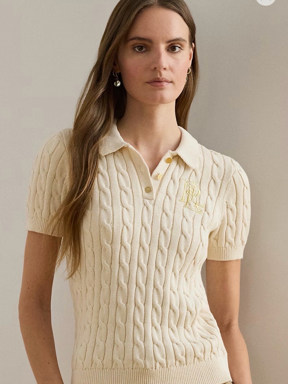 Ralph Lauren Cream Cable Knit Polo with Gold Button - Picture 3 of 12